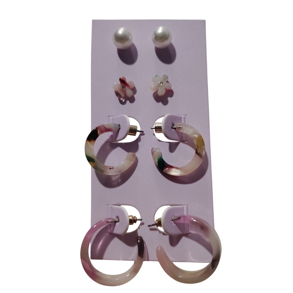 Multicolor Acrylic Resin Earring Set 4 Pairs Pearl Studs Flower C-Hoops Pink‎